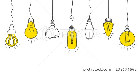 Hanging lamp bulbs. Banner with various glass lamps on ropes. Whole and broken bulb. Metaphor of new ideas, creative mindful, neoteric doodle vector background Hanging lamp bulbs. Banner with various glass lamps on ropes. Whole and broken bulb. Metaphor of new ideas, creative mindful, neoteric doodle vector background 138574663
