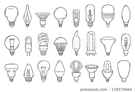 Hand drawn bulbs. Doodle light bulb, different glass modern lamps. Isolated power and electricity symbols. Smart electric technologies neoteric vector clipart 138574664