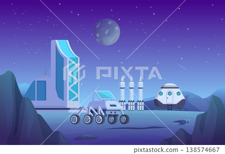Scientific interplanetary research base. Futuristic buildings, intergalactic rockets for space travel. Another planet, fantastical world of future vector illustration Scientific interplanetary research base. Futuristic buildings, intergalactic rockets for space travel. Another planet, fantastical world of future vector illustration 138574667