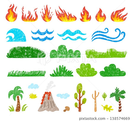 Nature elements clipart. Green grass, sea ocean waves, bonfires, tree and clouds. Isolated crayon children drawing style landscape vector clipart Nature elements clipart. Green grass, sea ocean waves, bonfires, tree and clouds. Isolated crayon children drawing style landscape vector clipart 138574669