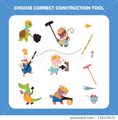 Find correct construction tool. Children play with cartoon animal builders. Turtle, goose, pig, monkey and crocodile. Development kids game, vector template Find correct construction tool. Children play with cartoon animal builders. Turtle, goose, pig, monkey and crocodile. Development kids game, vector template 138574672