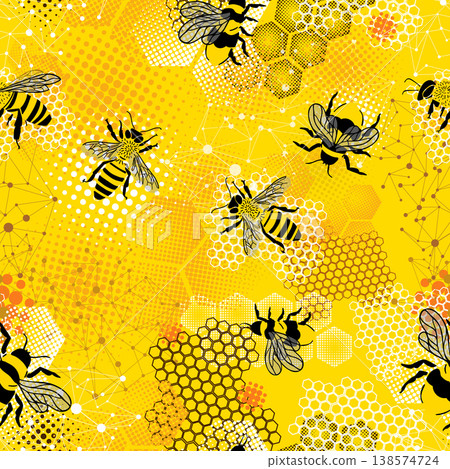 Seamless pattern with honeycombs and bees design. Hand drawn. Not AI, vector illustration. 138574724