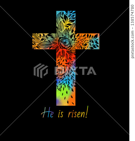 colored cross of flowers. He is risen. Happy easter. hand drawing. Not AI . Vector illustration. colored cross of flowers. He is risen. Happy easter. hand drawing. Not AI . Vector illustration. 138574780