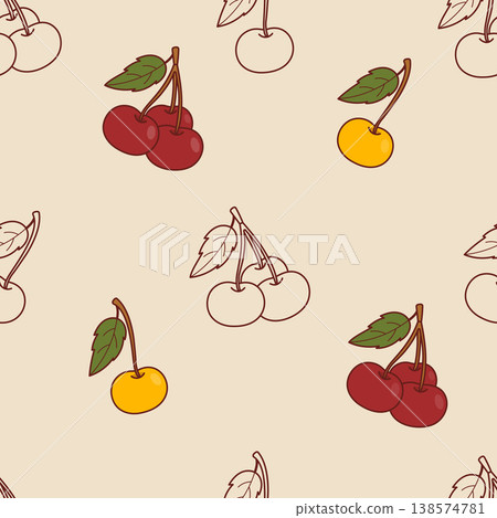 Seamless Pattern with Red and Yellow Cherries and Botanical Outline hand-drawn. Mix Media Fruit Print on Beige Background. Summer Harvest Wallpaper. Vector Illustration.. Seamless Pattern with Red and Yellow Cherries and Botanical Outline hand-drawn. Mix Media Fruit Print on Beige Background. Summer Harvest Wallpaper. Vector Illustration.. 138574781