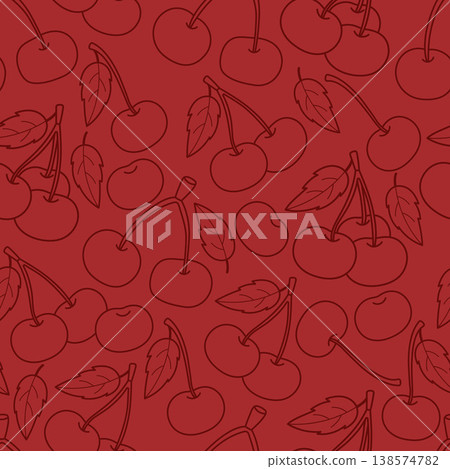 Seamless Pattern with Outline Cherries on Dark Red Background. Tone-on-Tone Botanical Fruit Print. Elegant Line Art. Premium Gift Wrap. Vector Illustration. Seamless Pattern with Outline Cherries on Dark Red Background. Tone-on-Tone Botanical Fruit Print. Elegant Line Art. Premium Gift Wrap. Vector Illustration. 138574782