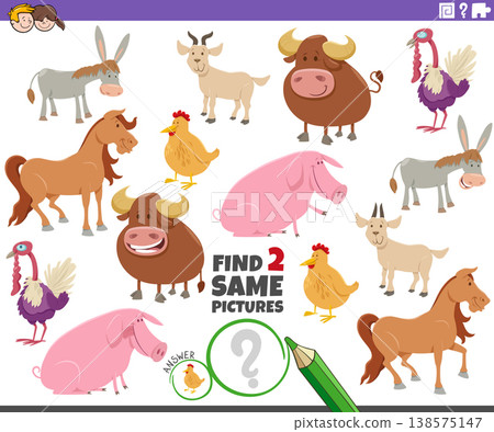 find two same cartoon farm animal characters activity game find two same cartoon farm animal characters activity game 138575147