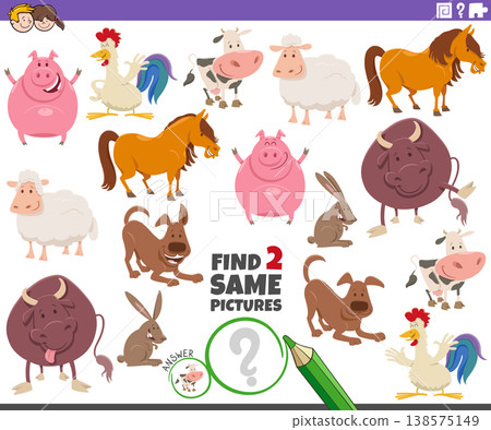 find two same cartoon farm animal characters activity puzzle 138575149
