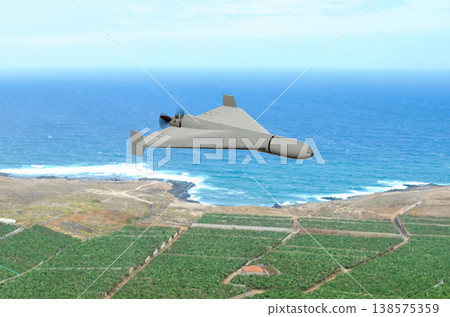 Kamikaze combat drone flies over ocean coastline in military conflict conditions Kamikaze combat drone flies over ocean coastline in military conflict conditions 138575359