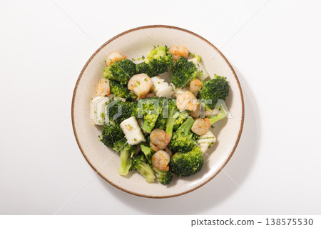 Broccoli, squid, and shrimp stir-fried with salt. Broccoli, squid, and shrimp stir-fried with salt. 138575530