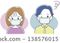 Illustration of a man and a woman wearing masks and feeling unwell. 138576015