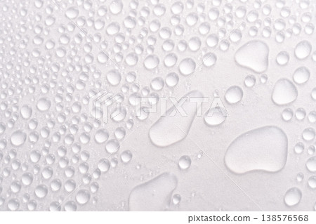 Macro photography of water droplets and water trails spread across a white background. Macro photography of water droplets and water trails spread across a white background. 138576568