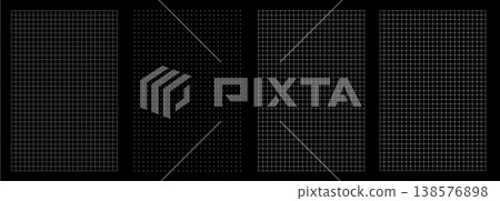 Set of square graph paper layouts on black surface. Thin line grids, dot matrices and rounded meshes create versatile Set of square graph paper layouts on black surface. Thin line grids, dot matrices and rounded meshes create versatile 138576898