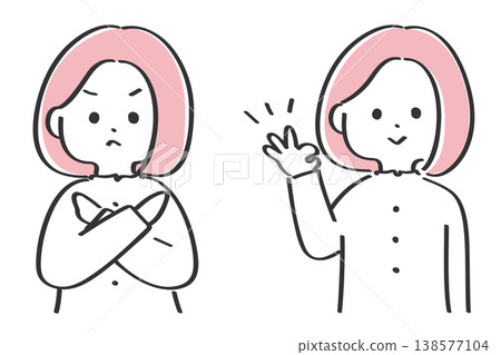 Young women making OK and NG gestures | Simple and easy-to-use line art illustration 138577104