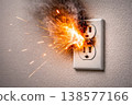 Electrical short circuit and fire sparks exploding from wall outlet 138577166