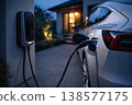 Electric car charging at home station in yard at night 138577175