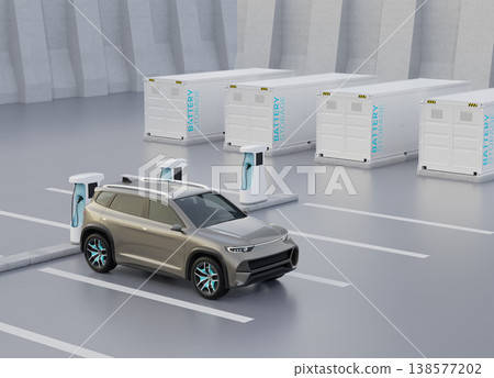 一輛電動SUV正在配備儲能係統(ESS)的充電站充電。 一輛電動SUV正在配備儲能係統(ESS)的充電站充電。 138577202