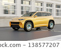 Image of a large yellow electric SUV driving on a highway. 138577207