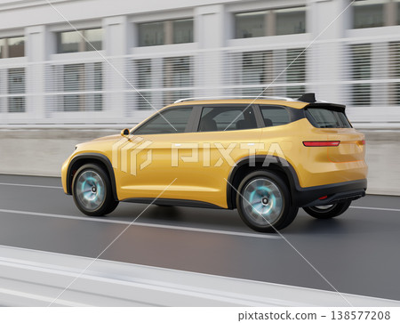Rear view of a large electric SUV driving on a highway. 138577208