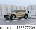 Image of an electric SUV being charged at a charging station equipped with an ESS (Energy Storage System). 138577209