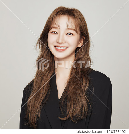 一位衣著整潔、面帶微笑的年輕女子身穿黑色外套的肖像。 138577492