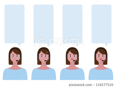Vector illustration set of speech bubbles and facial expressions of a female operator (crying/troubled), blue bob hair. Vector illustration set of speech bubbles and facial expressions of a female operator (crying/troubled), blue bob hair. 138577520