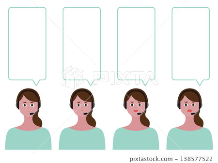 Vector illustration set of speech bubbles and facial expressions of a female operator (crying, troubled), with long hair. 138577522