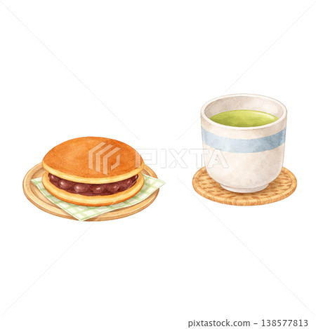 銅鑼燒和茶的水彩插畫，採用日本甜點和茶杯的天然材料。 138577813