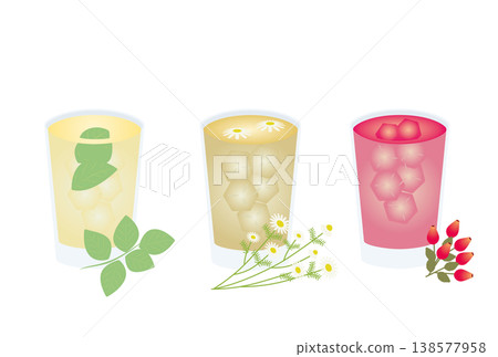 Iced herbal tea set with mint, rosehip, and chamomile 138577958