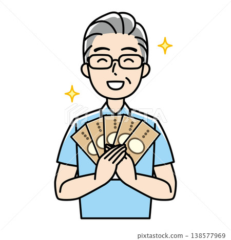 一位面帶微笑的老年男子(身穿polo衫)手持鈔票。 一位面帶微笑的老年男子(身穿polo衫)手持鈔票。 138577969