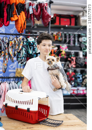 Teen boy choose carrier for small pet Yorkshire terrier dog 138577973