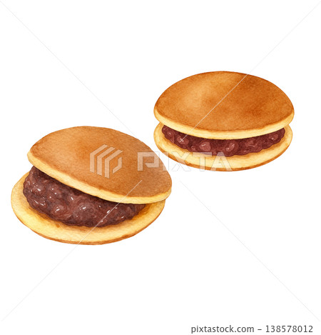 兩款水彩插畫銅鑼燒（日式甜豆沙煎餅）。可愛的日式甜點設計，內餡是紅豆泥。 138578012