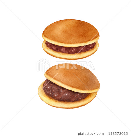 兩款水彩插畫銅鑼燒（日式甜豆沙煎餅）。可愛的日式甜點設計，內餡是紅豆泥。 138578013