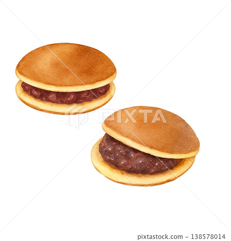 兩款水彩插畫銅鑼燒（日式甜豆沙煎餅）。可愛的日式甜點設計，內餡是紅豆泥。 138578014