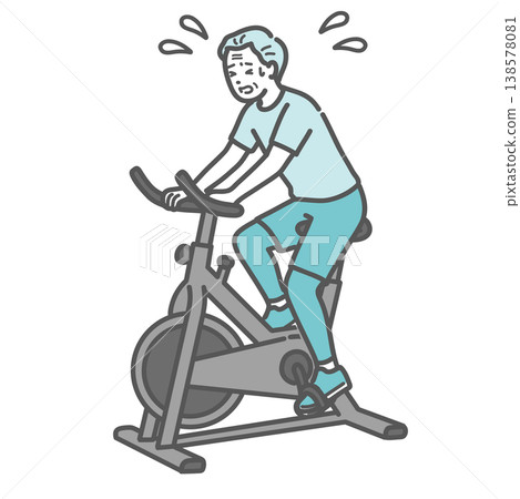 An illustration of a senior man struggling to pedal a fitness bike, drenched in sweat. 138578081