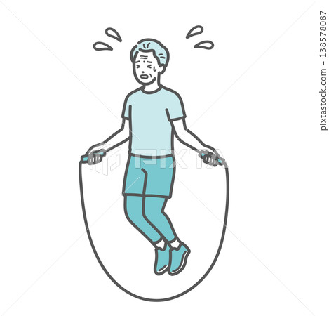 An illustration of a senior man struggling to jump rope, drenched in sweat. An illustration of a senior man struggling to jump rope, drenched in sweat. 138578087