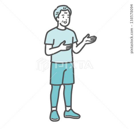 An illustration of a senior man in sportswear smiling and engaging in conversation and giving directions. An illustration of a senior man in sportswear smiling and engaging in conversation and giving directions. 138578094