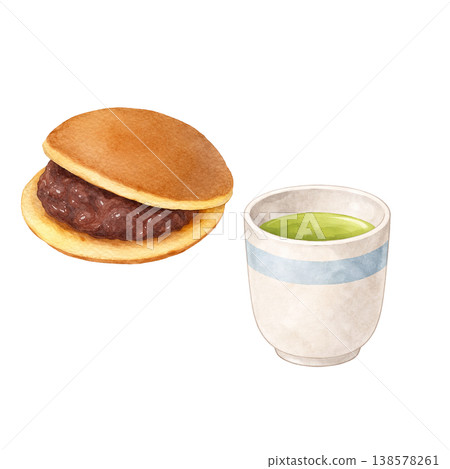 銅鑼燒和綠茶水彩插畫。以日式咖啡館為主題，展現日式甜點和茶飲的自然風情。 138578261