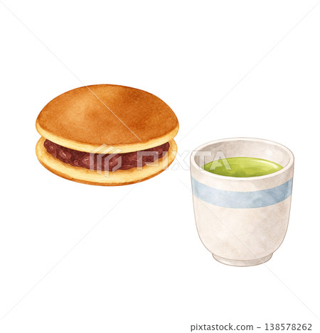 銅鑼燒和綠茶水彩插畫。以日式咖啡館為主題，展現日式甜點和茶飲的自然風情。 138578262