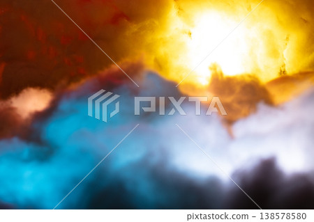 Fantasy cloud float in sky. Fake cloud many layers reflect colorful of red blue yellow like a dream Fantasy cloud float in sky. Fake cloud many layers reflect colorful of red blue yellow like a dream 138578580