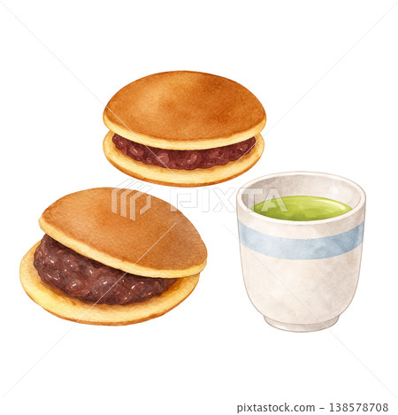 銅鑼燒和綠茶水彩插畫，描繪了兩種日式甜點 138578708