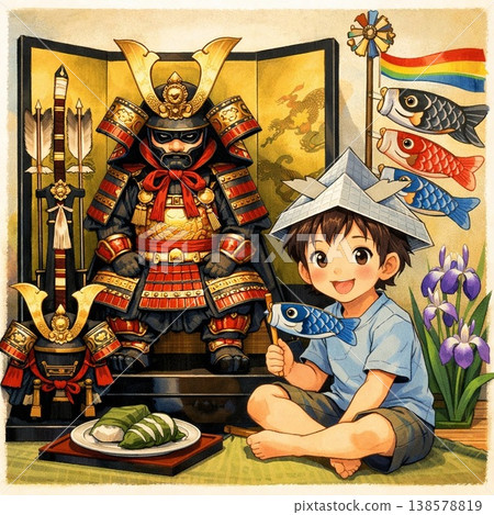 一個戴著頭盔的男孩和一個五月節玩偶 一個戴著頭盔的男孩和一個五月節玩偶 138578819