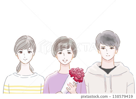 一幅柔和的水彩風格插圖,描繪了一位母親、女兒和兒子手捧康乃馨(透明 PNG 格式)。 一幅柔和的水彩風格插圖,描繪了一位母親、女兒和兒子手捧康乃馨(透明 PNG 格式)。 138579419