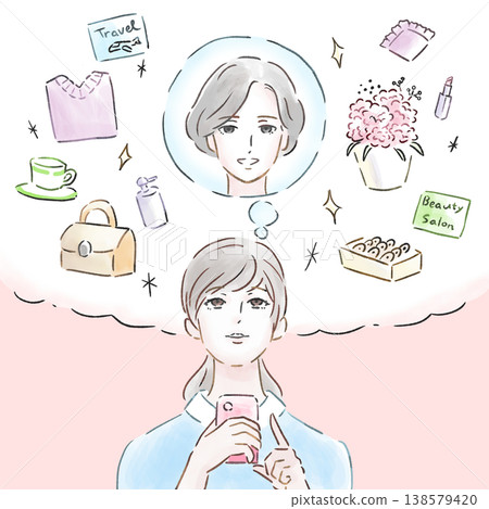 一位女士想起了她的母親,並考慮送她什麼禮物:智慧型手機搜尋和禮物圖片(帶背景) 一位女士想起了她的母親,並考慮送她什麼禮物:智慧型手機搜尋和禮物圖片(帶背景) 138579420