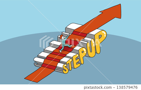 一幅插圖，描繪了一個人爬樓梯，樓梯上寫著「向上走」。 138579476