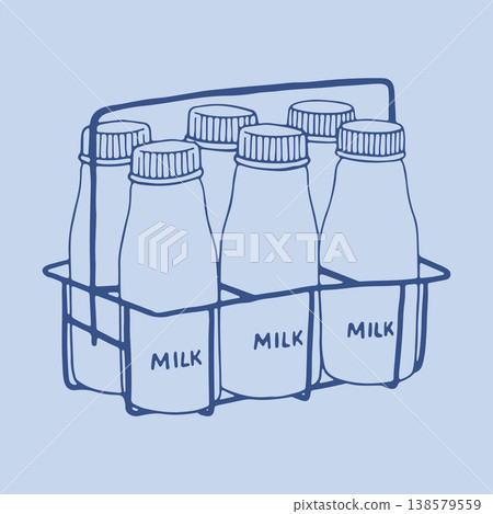 Hand drawn vector of a metal wire milk carrier with six traditional glass bottles inside. Rustic line art illustration for dairy delivery services and farm to table concepts Hand drawn vector of a metal wire milk carrier with six traditional glass bottles inside. Rustic line art illustration for dairy delivery services and farm to table concepts 138579559