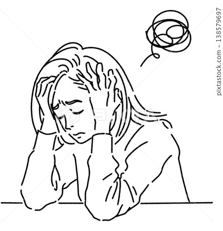 A black and white illustration of a woman holding her head in her hands in distress. A black and white illustration of a woman holding her head in her hands in distress. 138579697
