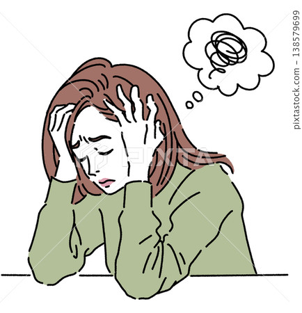 A color illustration of a woman holding her head in her hands in distress. 138579699