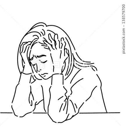 A black and white illustration of a woman holding her head in her hands in distress. 138579700