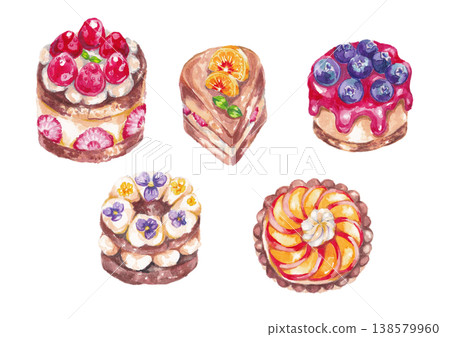 Hand-drawn watercolor illustration set of sweets 138579960
