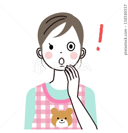 An illustration of a nursery school teacher wearing an apron, with a surprised expression. An illustration of a nursery school teacher wearing an apron, with a surprised expression. 138580557